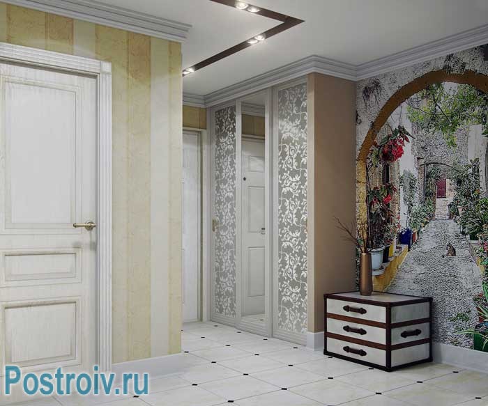 Дизайн маленького коридора со шкафом купэ. Фото обои на стенах Дизайн маленького коридора со шкафом купэ. Фото обои на стенах
