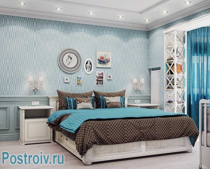 Дизайн спальни 18 кв. м. в скандинавском стиле. Голубые обои Дизайн спальни 18 кв. м. в скандинавском стиле. Голубые обои