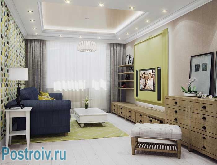 Дизайн гостиной 18 кв. м. в современном стиле. Комбинирование обоев на стенах Дизайн гостиной 18 кв. м. в современном стиле. Комбинирование обоев на стенах