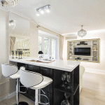 Перепланировка однокомнатной квартиры. Дизайн светлой гостиной с барной стойкой черного цвета - Фото