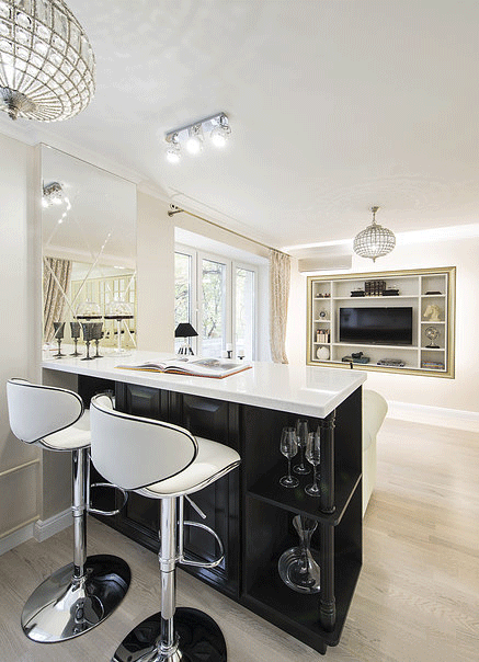 Перепланировка однокомнатной квартиры. Дизайн светлой гостиной с барной стойкой черного цвета - Фото Перепланировка однокомнатной квартиры. Дизайн светлой гостиной с барной стойкой черного цвета - Фото
