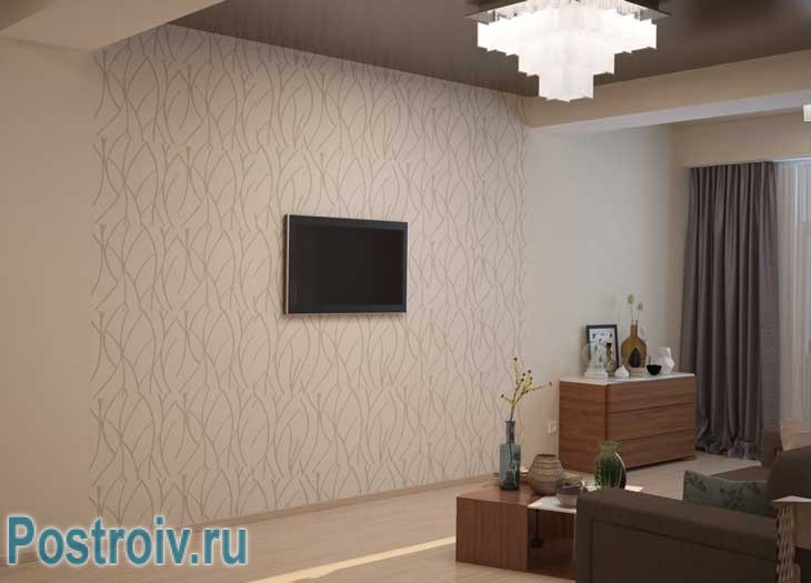 Освещение гостиной центральное - большая люстра по центру. Глянцевый натяжной потолок отражает свет - Фото Освещение гостиной центральное - большая люстра по центру. Глянцевый натяжной потолок отражает свет - Фото