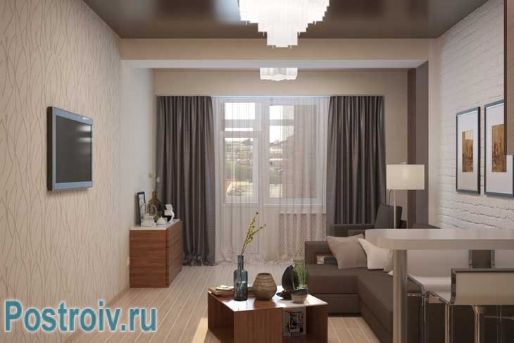 Гостиная совмещенная с кухней кофейных оттенков. Модные плотные шторы на окнах - Фото Гостиная совмещенная с кухней кофейных оттенков. Модные плотные шторы на окнах - Фото