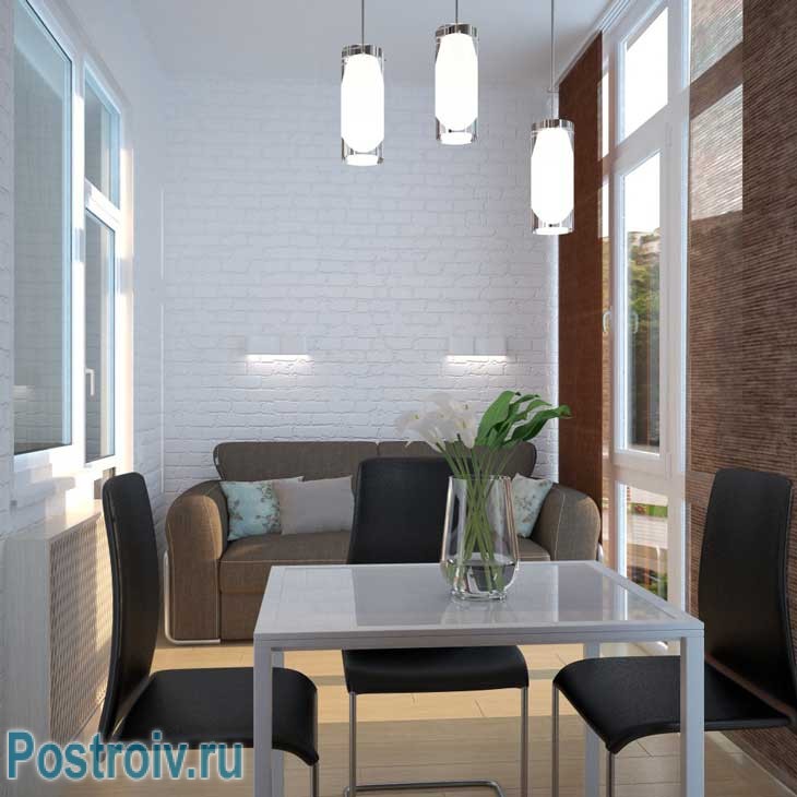 Обустройство лоджии в студии. Поставили маленький диванчик кофейного цвета - Фото Обустройство лоджии в студии. Поставили маленький диванчик кофейного цвета - Фото