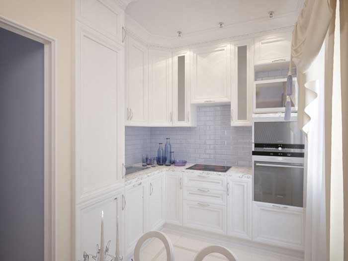 Кухня в маленькой квартире. Светлые тона. Встраиваемая кухонная техника Кухня в маленькой квартире. Светлые тона. Встраиваемая кухонная техника