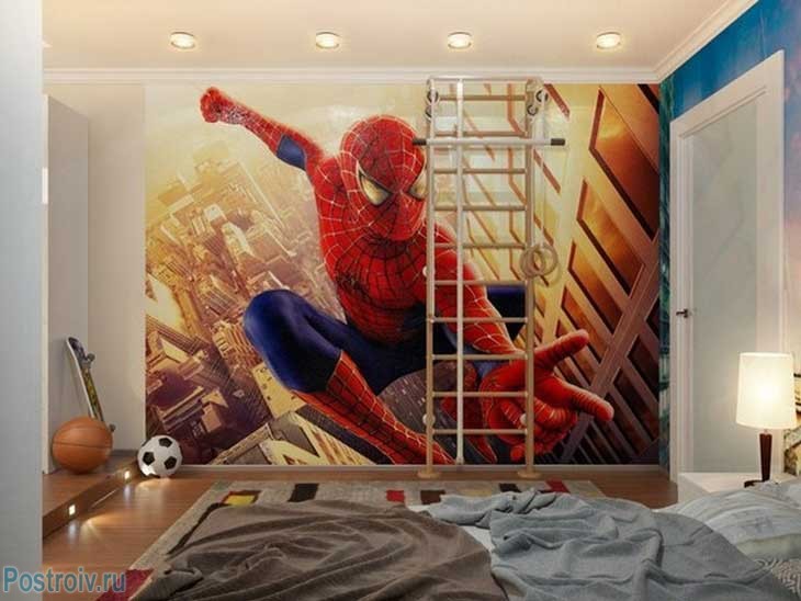 Фотообои в детской комнате с человеком пауком. Фото Фотообои в детской комнате с человеком пауком. Фото
