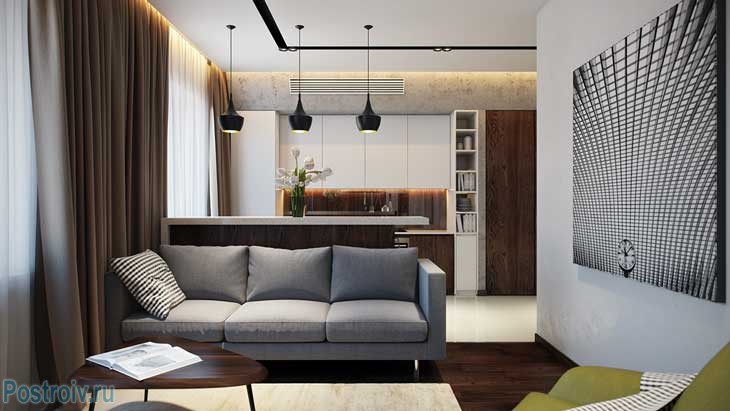 Красивый дизайн гостиной-кухни в коричневых цветах. Фото