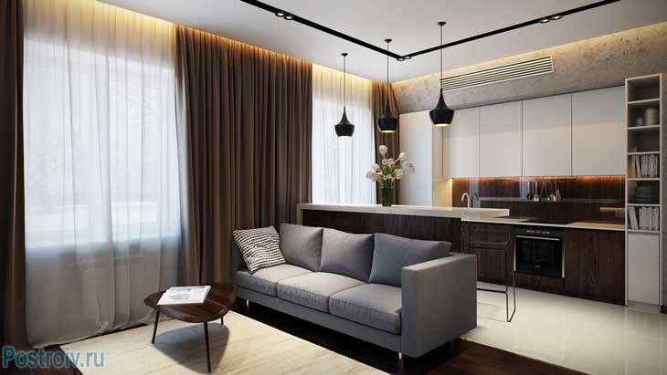Современный дизайн гостиной-кухни. Фото