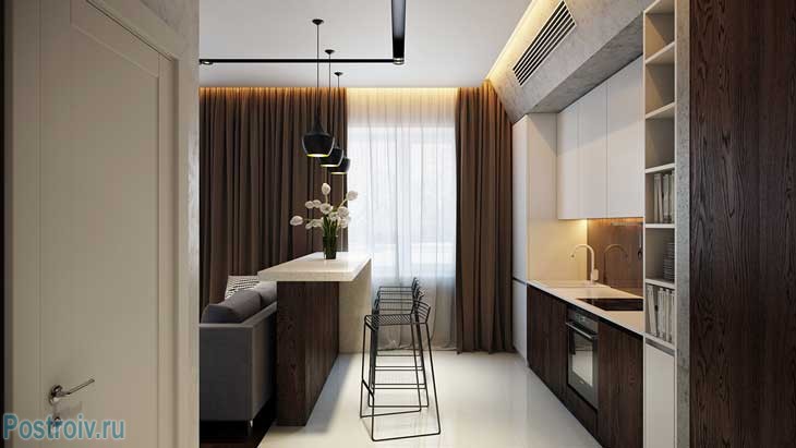 Барная стойка и коричневые плотные шторы на гостиной-кухне. Фото