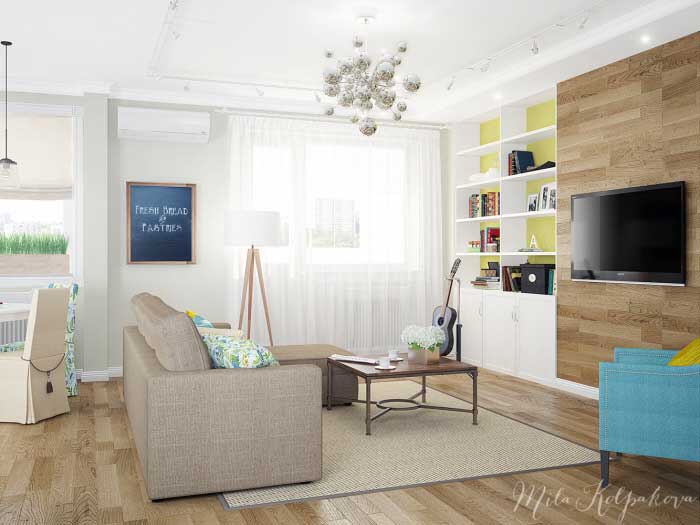 Бюджетный интерьер гостиной совмещенной с кухней. Комбинированные обои Бюджетный интерьер гостиной совмещенной с кухней. Комбинированные обои