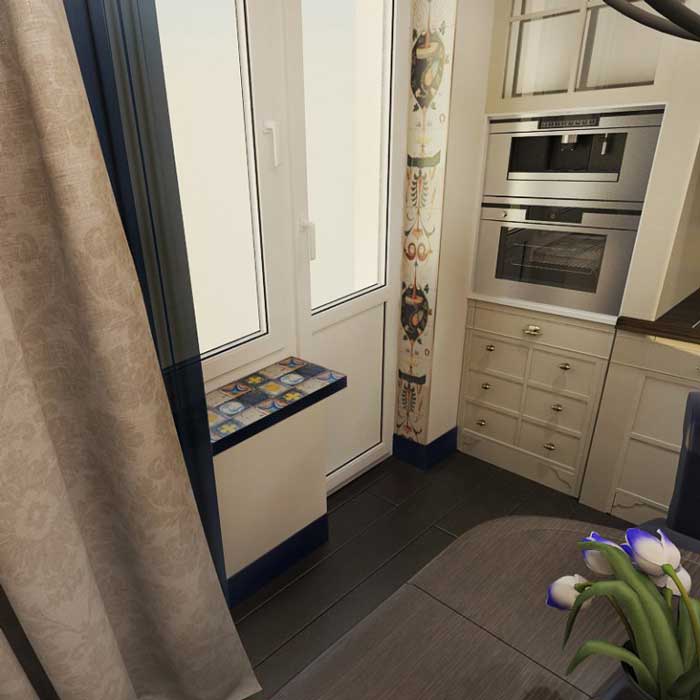 Встраиваемая техника на кухне. Темный паркет на полу кухни