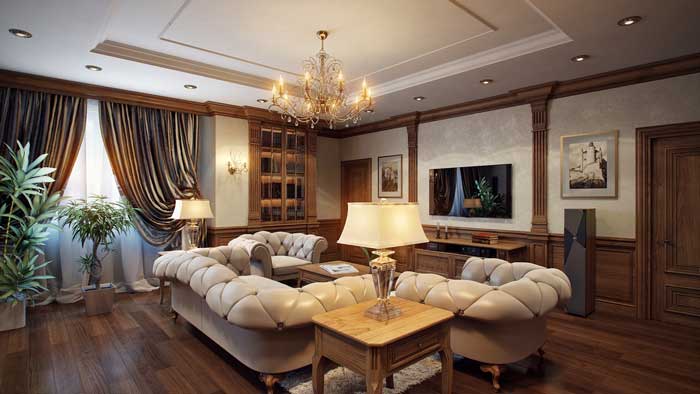 Гостиная с кожаными диванами молочного цвета напротив ТВ панели Гостиная с кожаными диванами молочного цвета напротив ТВ панели