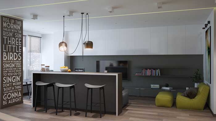 Дизайн гостиной в квартире студии с барной стойкой