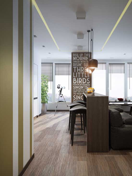 Гостиная с барной стойкой для холостяка