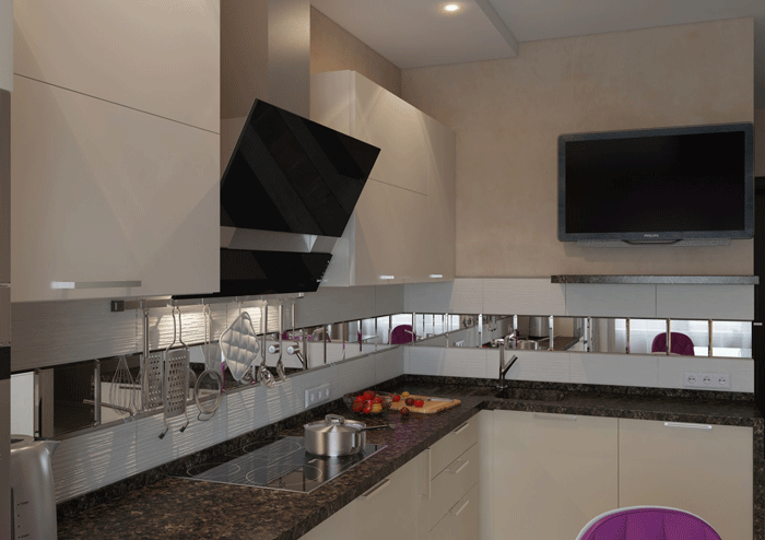 Угловая кухня. Зеркальный фартук на кухне