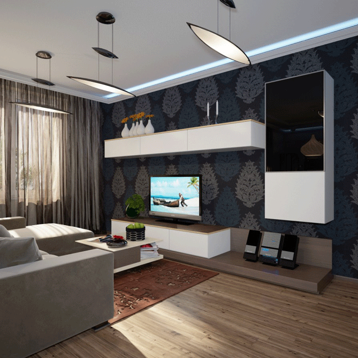 Кухня гостиная 20 кв.м. Подвесные шкафы в гостиной