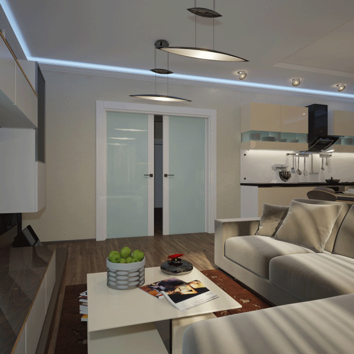 Раздвижные межкомнатные двери в гостиной, матового цвета.