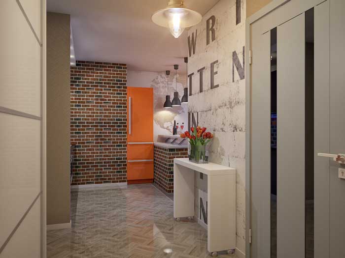 Комбинированные обои в прихожей. Белый столик на колесиках Комбинированные обои в прихожей. Белый столик на колесиках