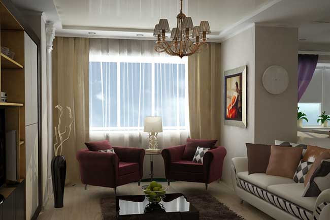 Дизайн штор в гостиной. Красные кресла. Декорирование стен Дизайн штор в гостиной. Красные кресла. Декорирование стен