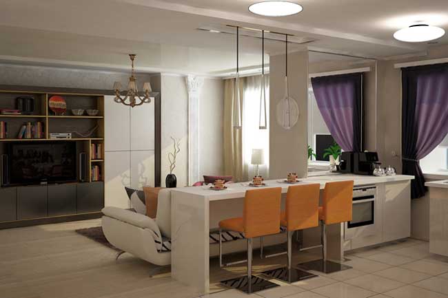 Кухня гостиная с барной стойкой. Оранжевые стулья. Оформление окна Кухня гостиная с барной стойкой. Оранжевые стулья. Оформление окна