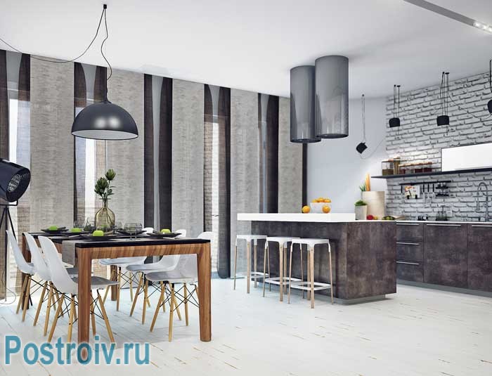 Декоративный белый кирпич в интерьере кухни. Слияние двух стилей. Фото Декоративный белый кирпич в интерьере кухни. Слияние двух стилей. Фото