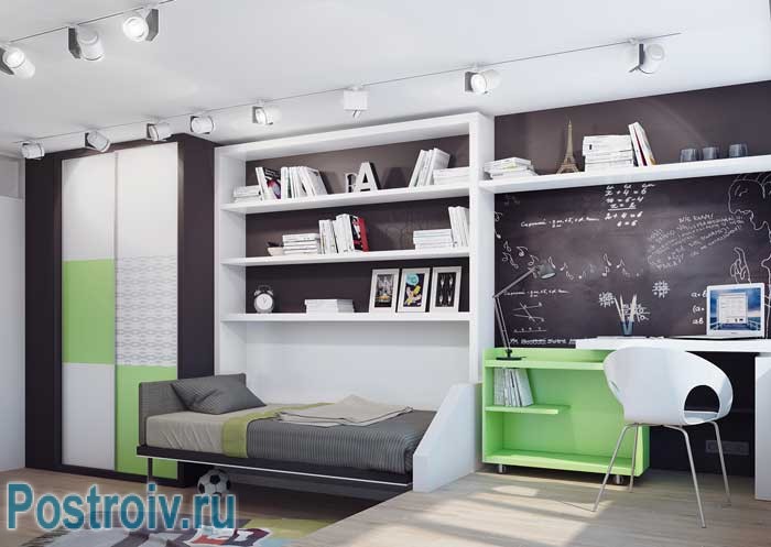 Грифельная доска в детской комнате. Сочетание зеленого и коричневого цветов Грифельная доска в детской комнате. Сочетание зеленого и коричневого цветов