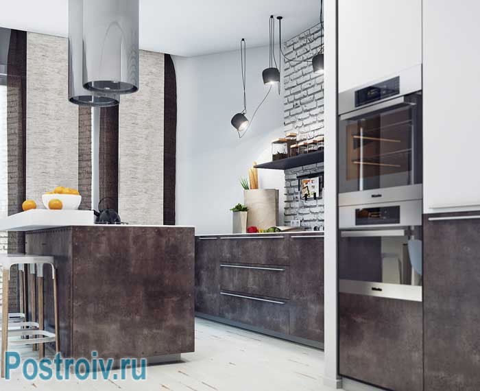 Дизайн современной кухни в стилях лофт и минимализм. Кухонный остров. Фото Дизайн современной кухни в стилях лофт и минимализм. Кухонный остров. Фото