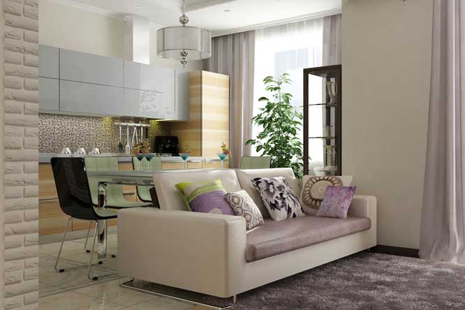 Дизайн гостиной-кухни с сиреневыми шторами. Со встроенным холодильником Дизайн гостиной-кухни с сиреневыми шторами. Со встроенным холодильником