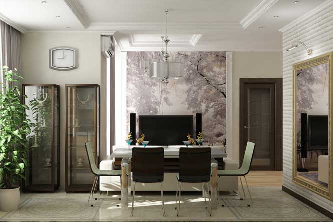 Гостиная совмещенная с кухней с большим зеркалом. Гипсокартонный потолок дизайн Гостиная совмещенная с кухней с большим зеркалом. Гипсокартонный потолок дизайн