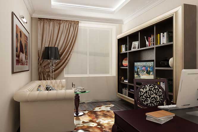 Дизайн интерьера кабинета в квартире. Кожаный диван в кабинете.Шкура животного на полу Дизайн интерьера кабинета в квартире. Кожаный диван в кабинете.Шкура животного на полу