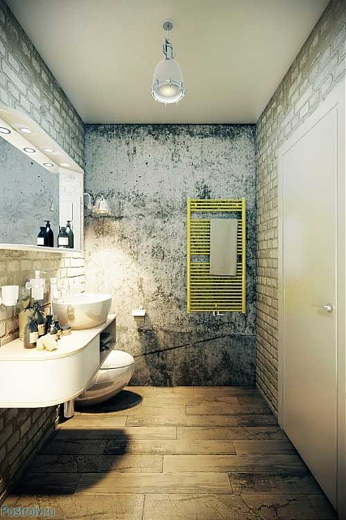 Отделка ванной комнаты белым декоративным кирпичом. Фото