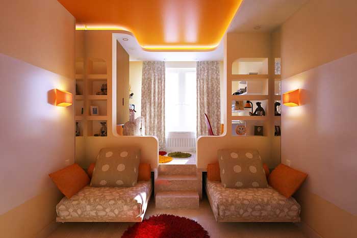 Кровати в детской, задвинутые в подиум. Много свободного метса Кровати в детской, задвинутые в подиум. Много свободного метса