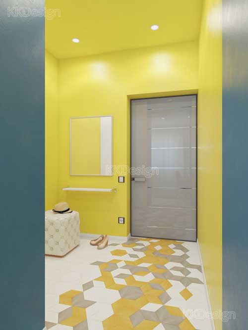 Интерьер коридора с высоким потолком на полу мелкая плитка