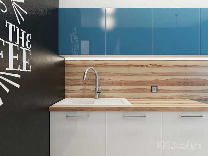 Интерьер кухни в квартире, ламинированный фартук и глянцевые шкафы