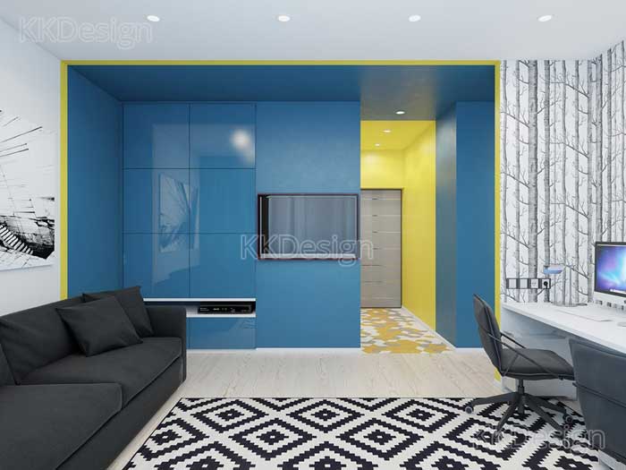 Интерьер гостиной с высокими потолками в стиле минимальзм