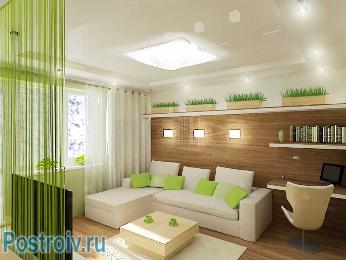 Модный интерьер гостиной 2014 с белым угловым диваном. Экостиль