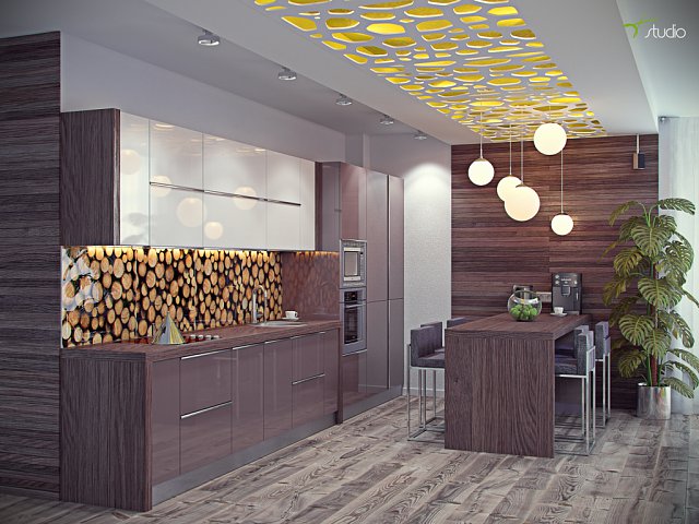 Кухня совмещенная с гостиной отделанная деревом, стеклянный фартук