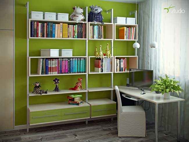 Рабочее место и шкаф для книг в комнате для девочек в экостиле
