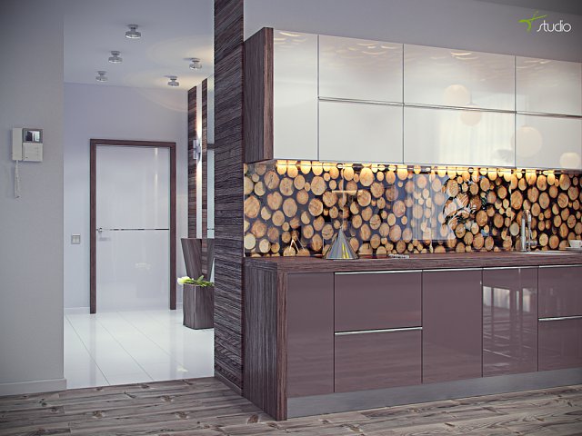 Дизайн кухни в экостиле стеклянный фартук на полу дубовый паркет