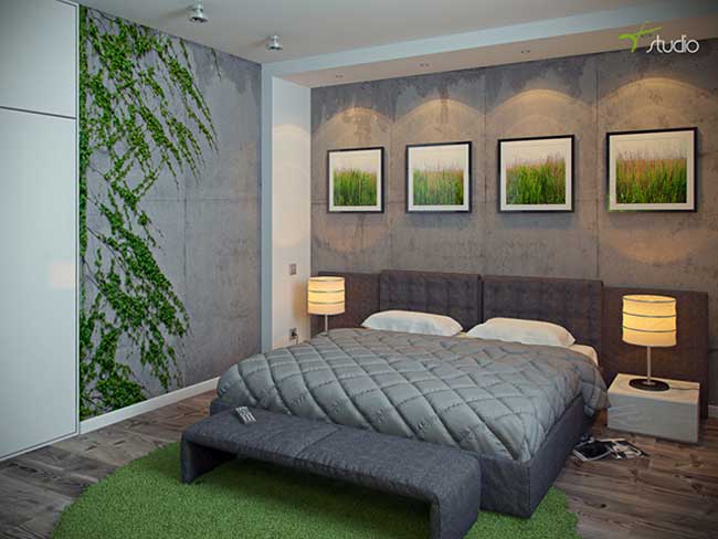 изайн спальни в экостиле. Большая кровать, легкие серые шторы