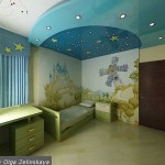 Трехцветный глянцевый потолок в комнате ребенка дизайн