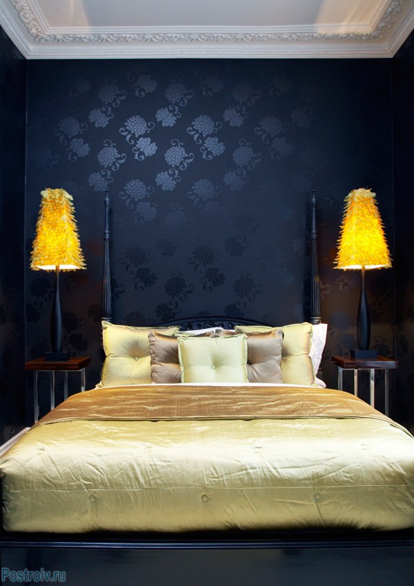 Темно-синие обои в спальне. Фото Темно-синие обои в спальне. Фото