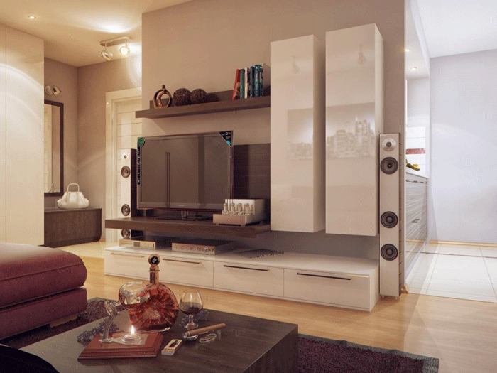 Дизайн зала в квартире. Светлые подвесные шкафы в интерьере Дизайн зала в квартире. Светлые подвесные шкафы в интерьере