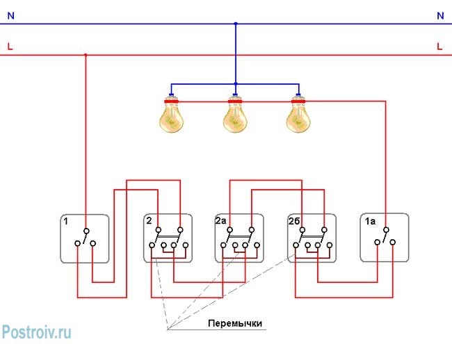 Подключение трехклавишного проходного выключателя - схема - Фото Подключение трехклавишного проходного выключателя - схема - Фото