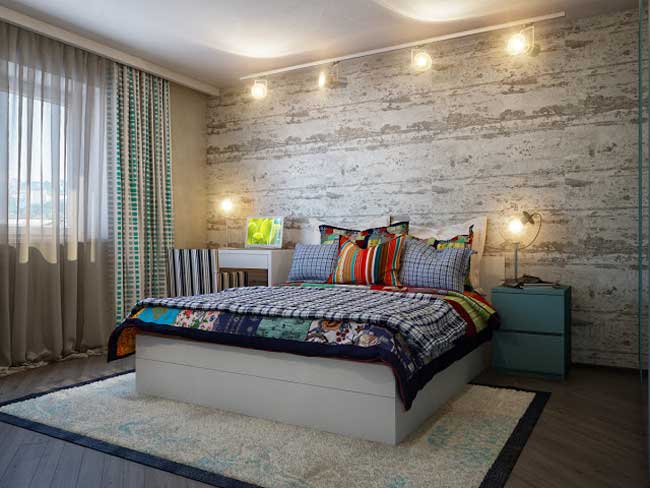 Оформление стен в спальне. Комбинированные обои. Большой белый ковер