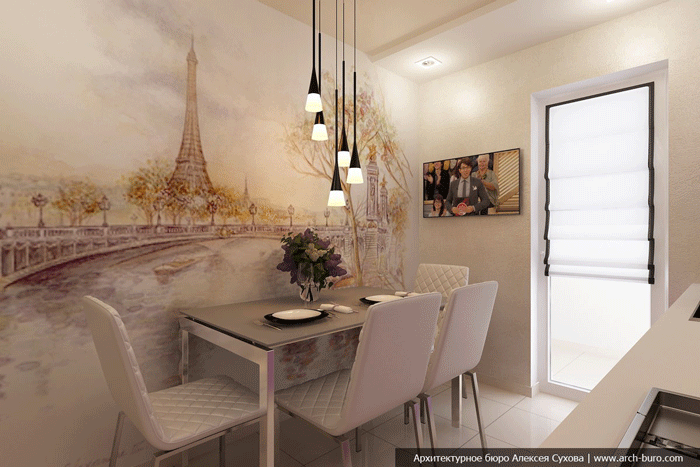 Обеденная зона на кухне, декорирована фотообоями Обеденная зона на кухне, декорирована фотообоями