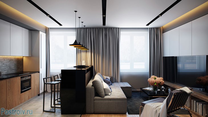 Современная совмещенная кухня с гостиной. Фото интерьера