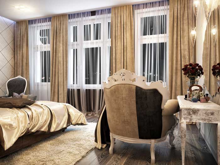 Декорирование мебели в спальне. Белый ковер. Кремовые шторы Декорирование мебели в спальне. Белый ковер. Кремовые шторы