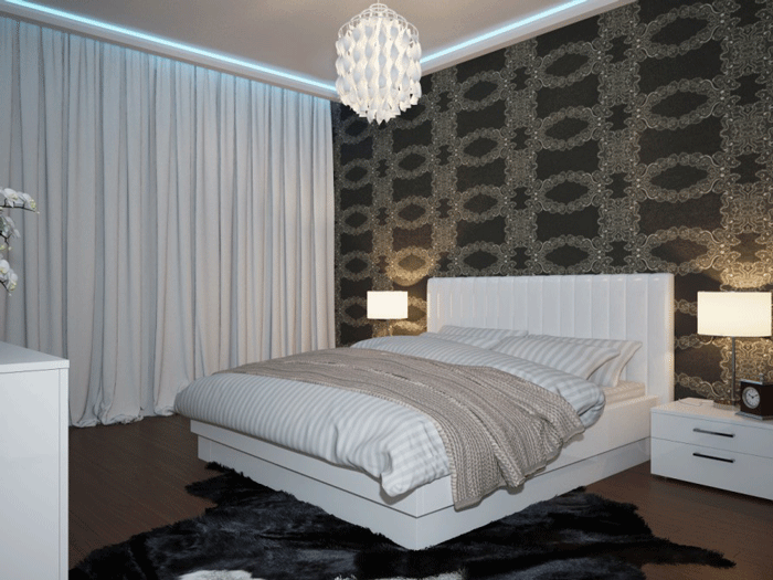 Дизайнерский ремонт в спальной комнате. Модные светлые шторы