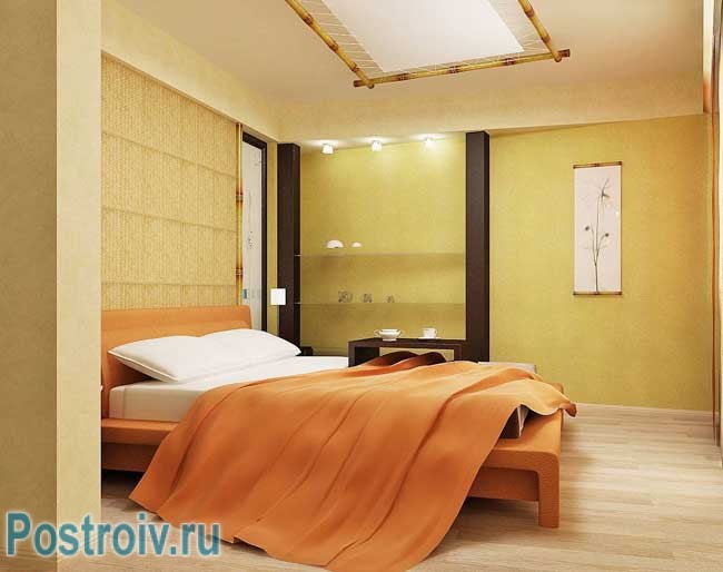 Интерьер спальни в современном стиле в светло желтых тонах